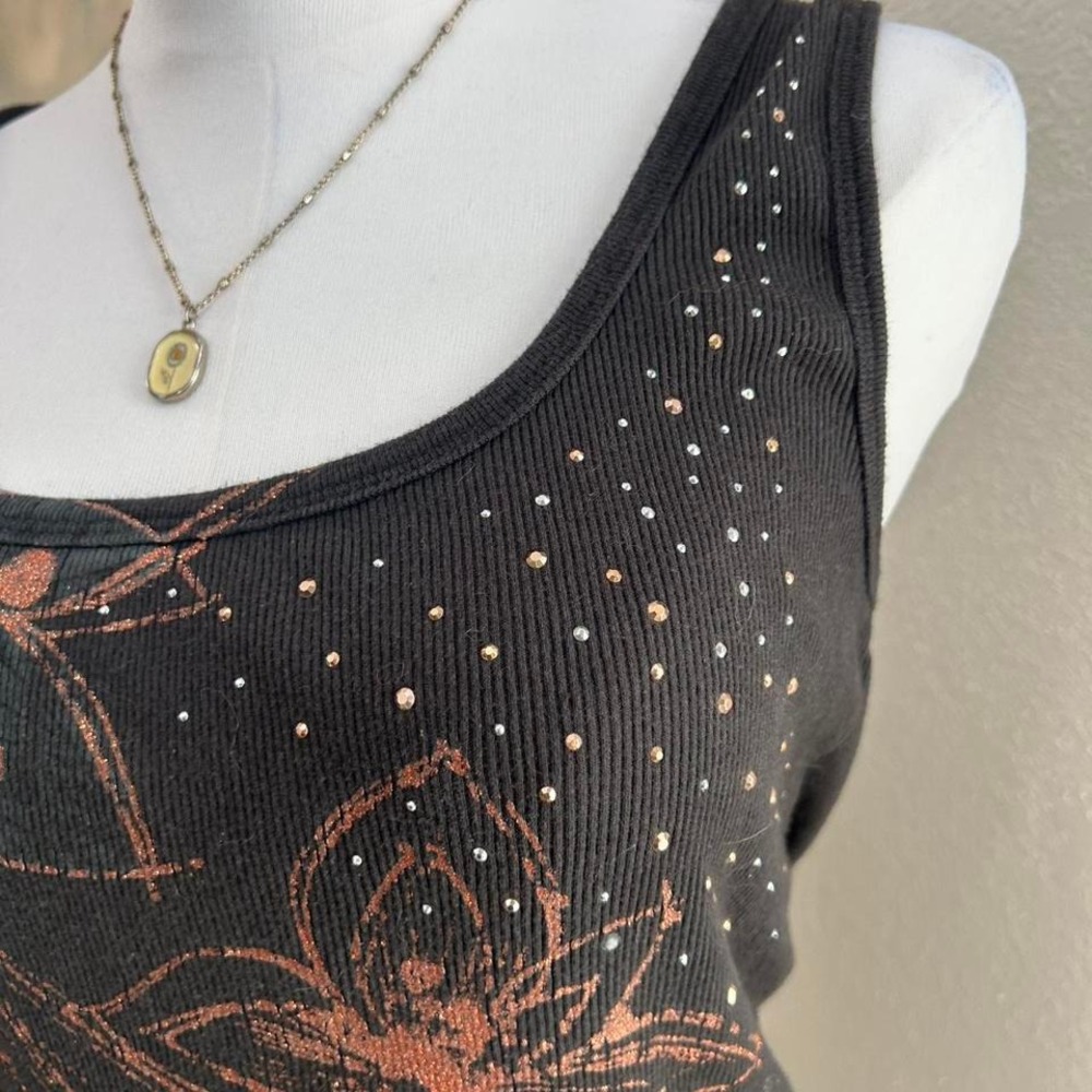 Y2K Rhinestone Floral‎ Tank Top – Black Copper Graphic - Size M/L - Picture 2 of 8